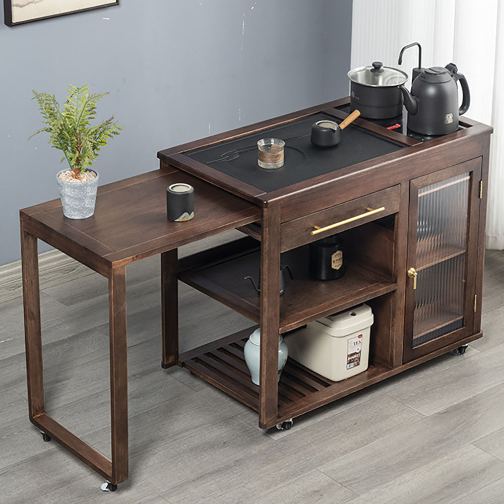 Walnut Tea Table Retractable | Black Stone Panel & Wheels