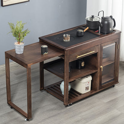 Walnut Tea Table Retractable | Black Stone Panel & Wheels