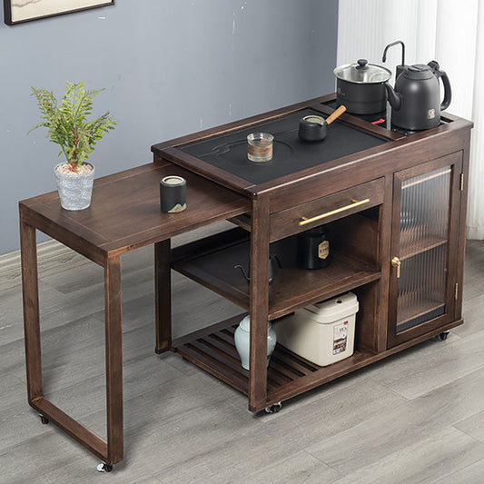 Walnut Tea Table Retractable | Black Stone Panel & Wheels