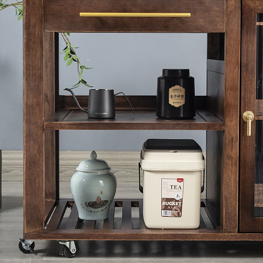 Walnut Tea Table Retractable | Black Stone Panel & Wheels
