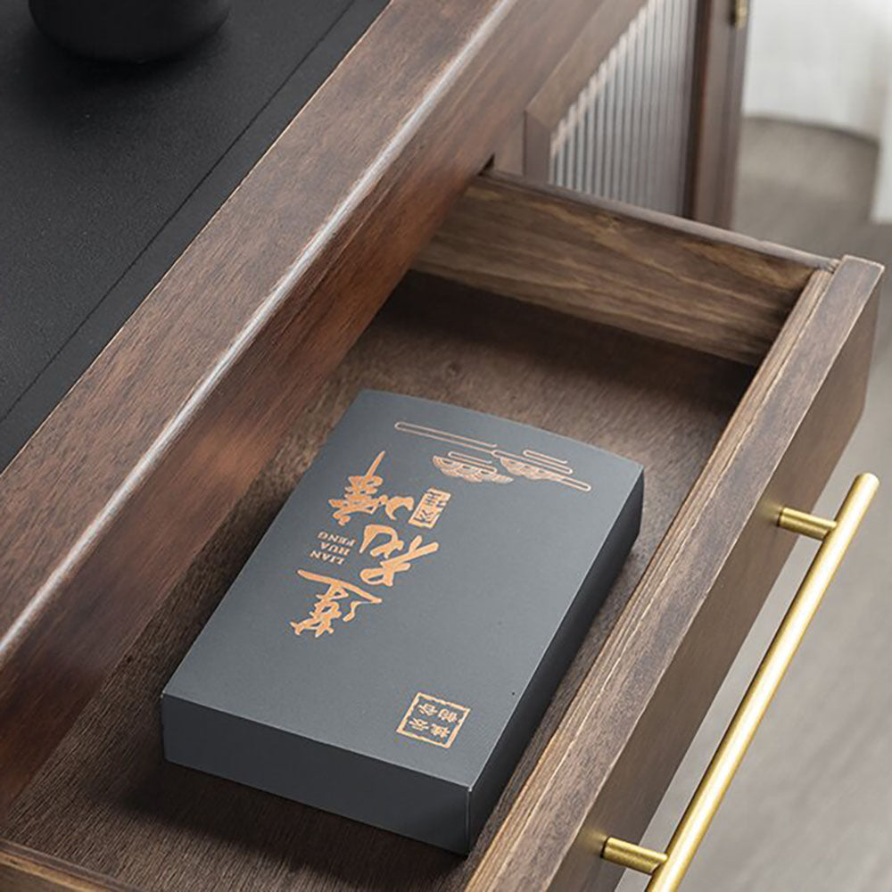 Walnut Tea Table Retractable | Black Stone Panel & Wheels