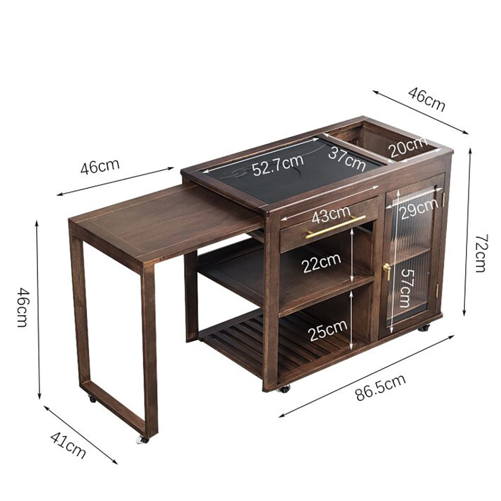 Walnut Tea Table Retractable | Black Stone Panel & Wheels