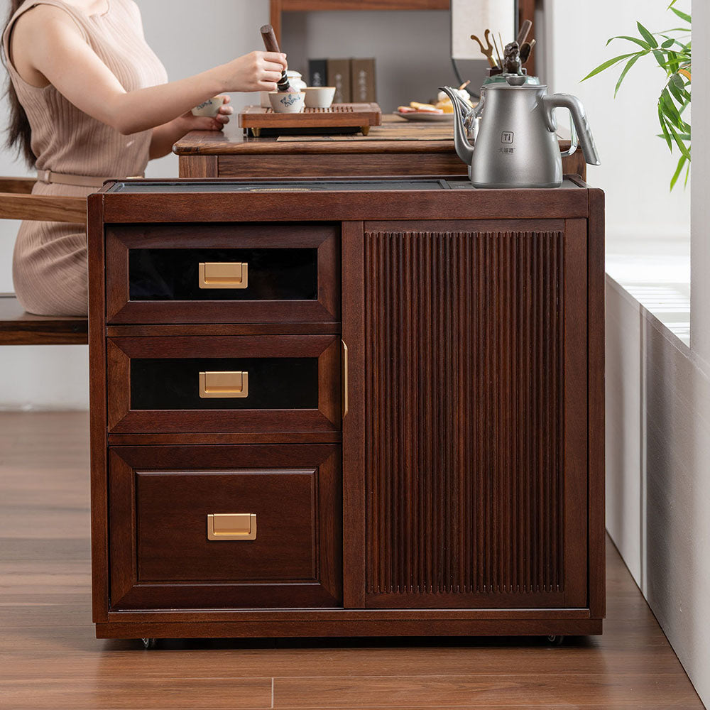 Movable Tea Table Walnut Wood Electric Heating Cart