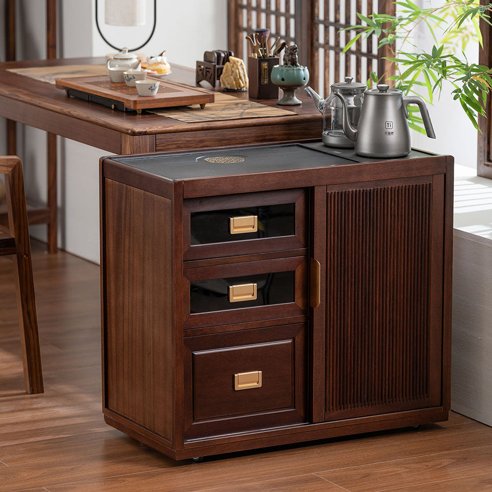 Movable Tea Table Walnut Wood Electric Heating Cart