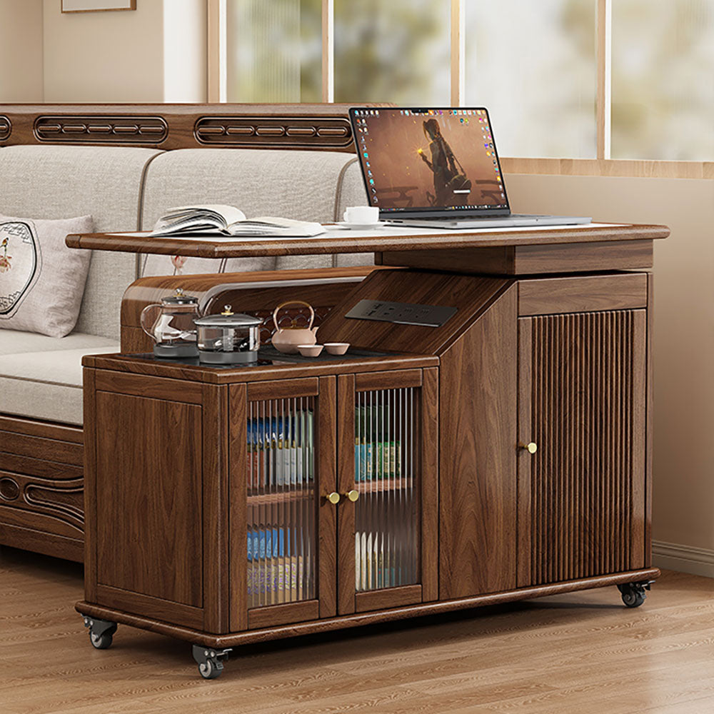 Rotating Tea Table Walnut Extendable Cart Electric Heating