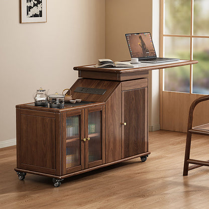 Rotating Tea Table Walnut Extendable Cart Electric Heating