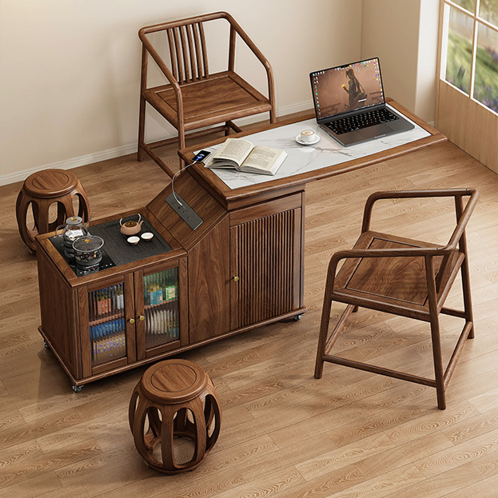 Rotating Tea Table Walnut Extendable Cart Electric Heating
