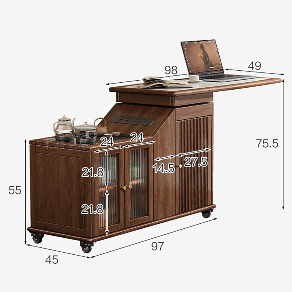 Rotating Tea Table Walnut Extendable Cart Electric Heating