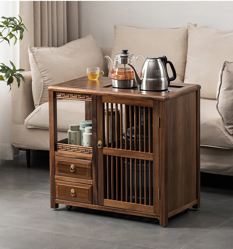 Walnut Tea Cart Movable with Storage & 360° Casters
