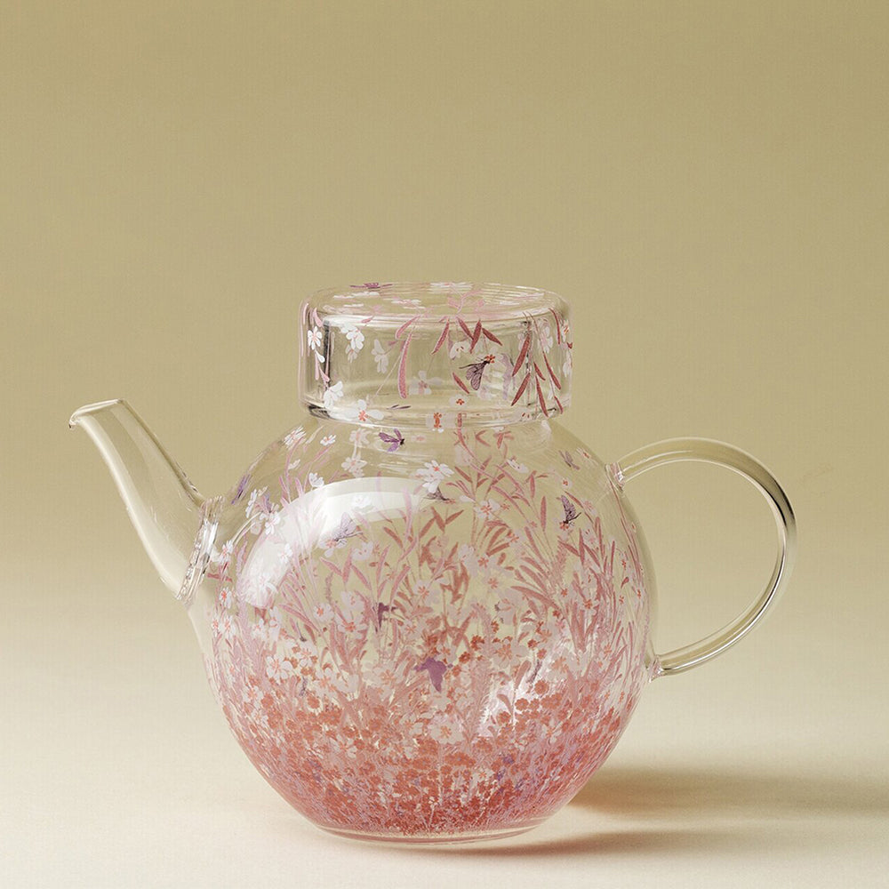 Glass Teapot Pink Blossom Borosilicate Floral Round 270ml