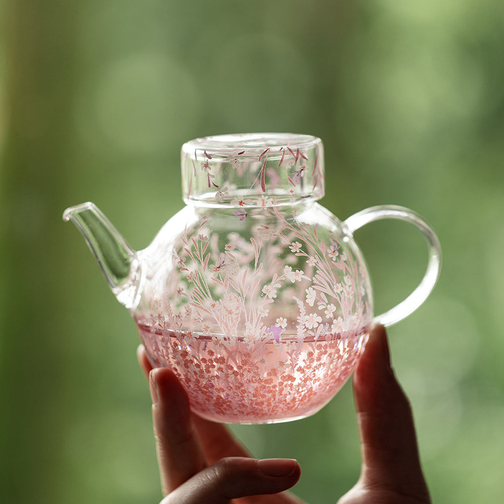 Glass Teapot Pink Blossom Borosilicate Floral Round 270ml
