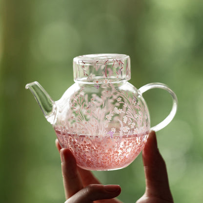 Glass Teapot Pink Blossom Borosilicate Floral Round 270ml