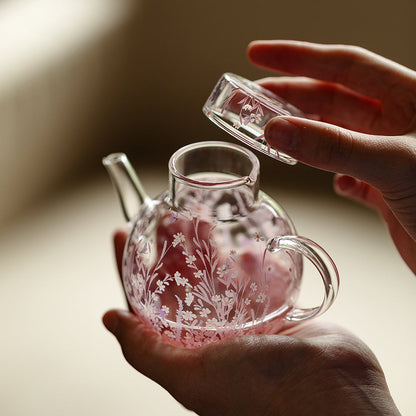 Glass Teapot Pink Blossom Borosilicate Floral Round 270ml