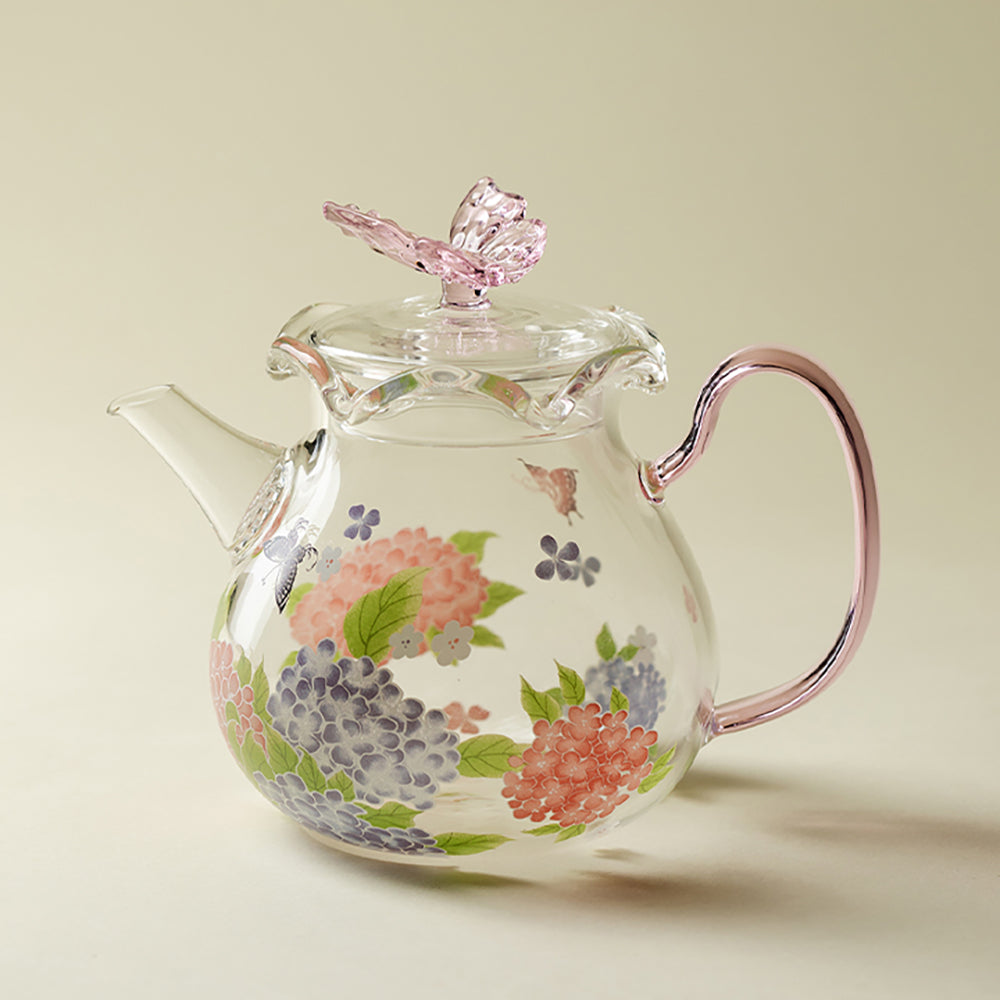 Glass Teapot Pink Butterfly Hydrangea Borosilicate 200ml