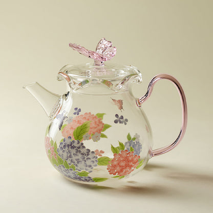 Glass Teapot Pink Butterfly Hydrangea Borosilicate 200ml