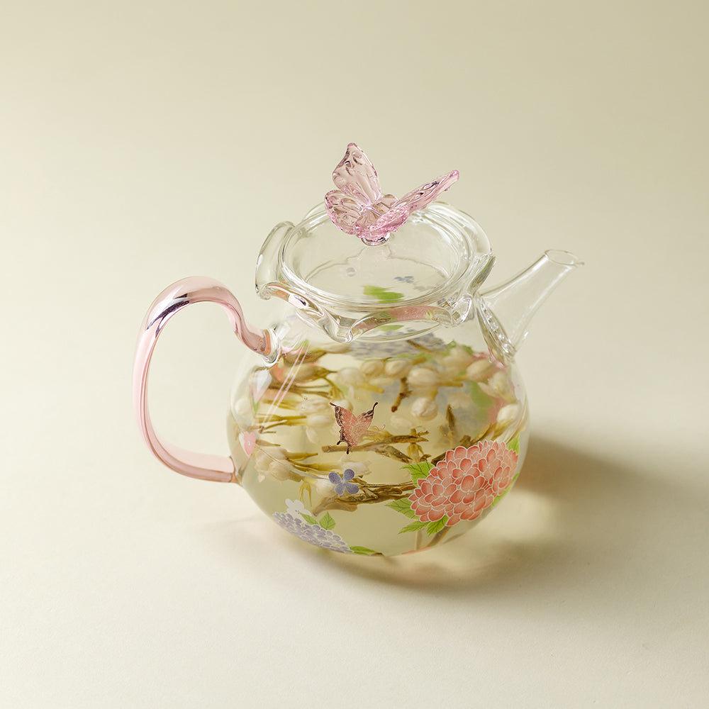 Glass Teapot Pink Butterfly Hydrangea Borosilicate 200ml