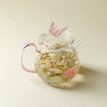 Glass Teapot Pink Butterfly Hydrangea Borosilicate 200ml