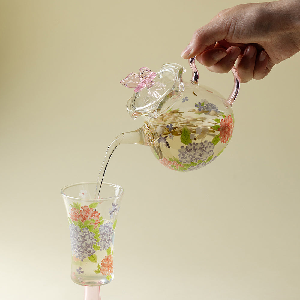 Glass Teapot Pink Butterfly Hydrangea Borosilicate 200ml
