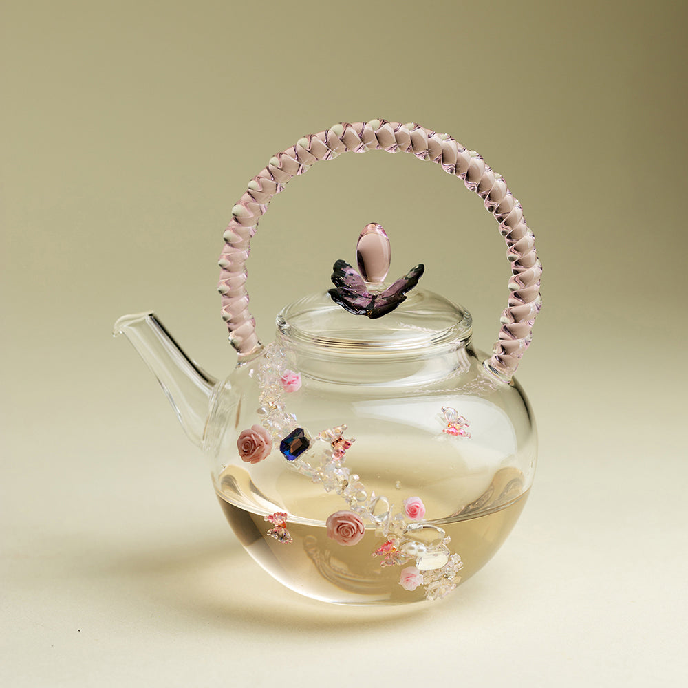 Glass Teapot Borosilicate Pink Rose Butterfly Crystal 150ml
