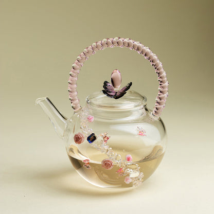 Glass Teapot Borosilicate Pink Rose Butterfly Crystal 150ml