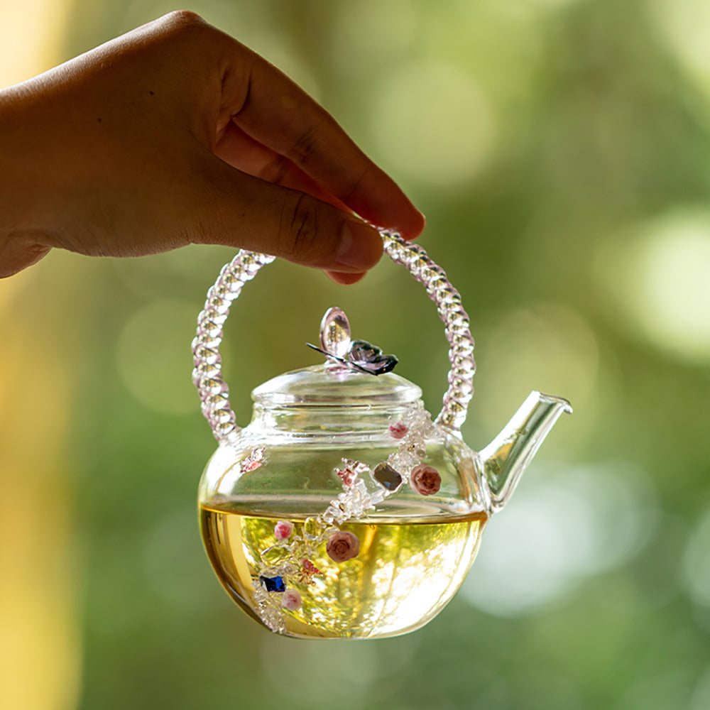 Glass Teapot Borosilicate Pink Rose Butterfly Crystal 150ml
