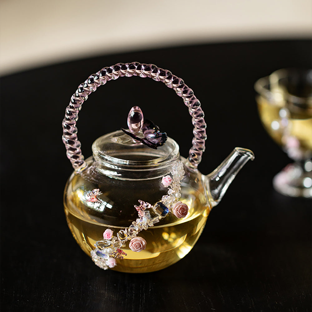 Glass Teapot Borosilicate Pink Rose Butterfly Crystal 150ml