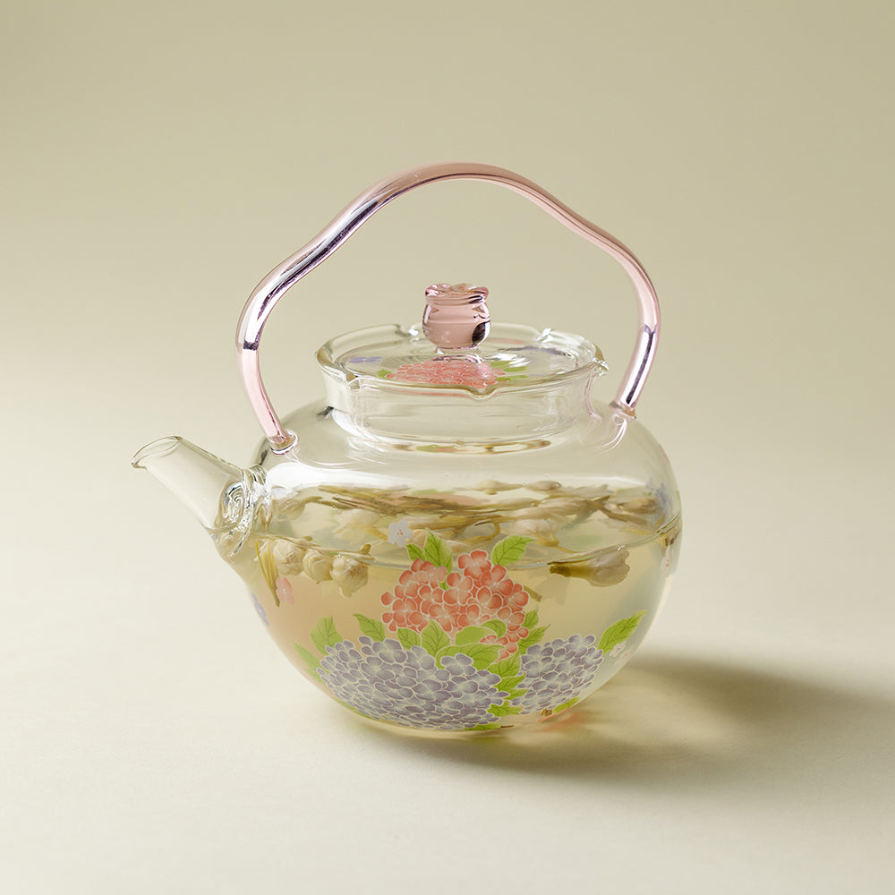 Glass Teapot Pink Hydrangea Borosilicate Floral 270ml