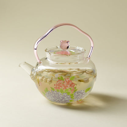 Glass Teapot Pink Hydrangea Borosilicate Floral 270ml