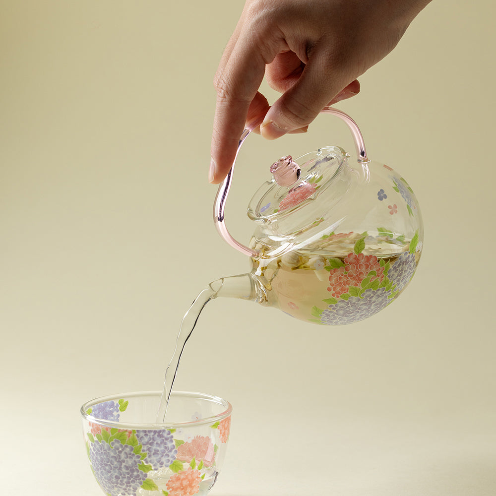 Glass Teapot Pink Hydrangea Borosilicate Floral 270ml