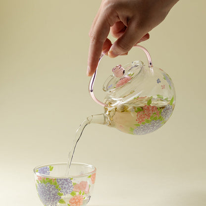 Glass Teapot Pink Hydrangea Borosilicate Floral 270ml