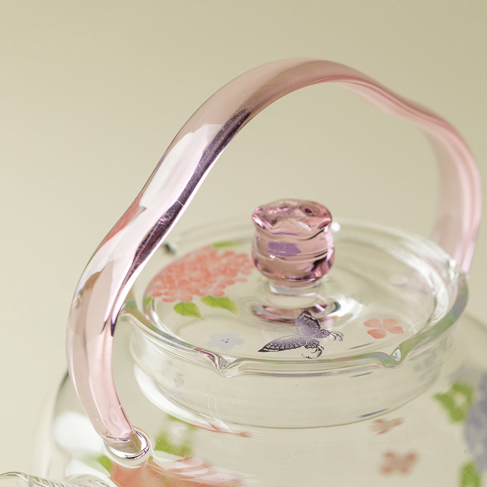Glass Teapot Pink Hydrangea Borosilicate Floral 270ml