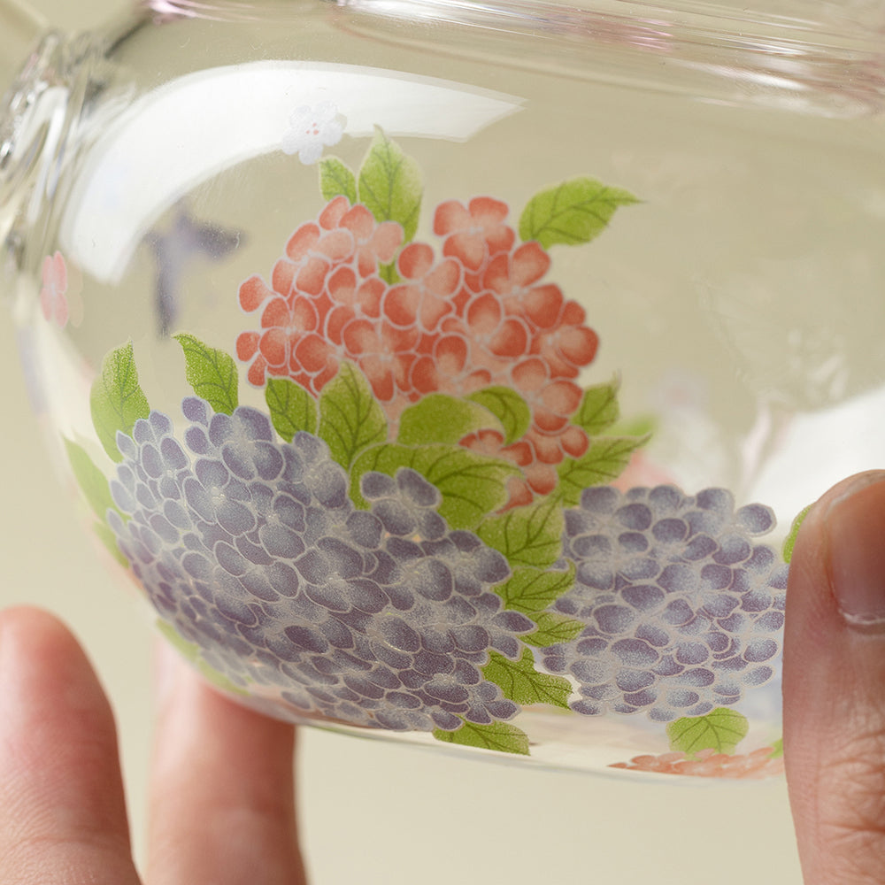 Glass Teapot Pink Hydrangea Borosilicate Floral 270ml