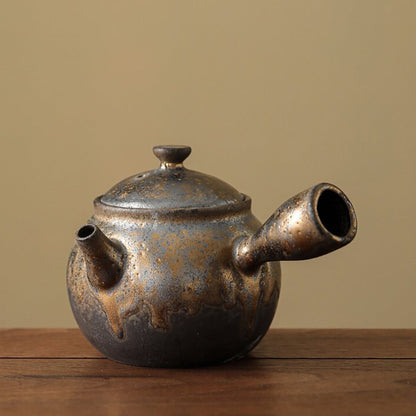 Side Handle Teapot Japanese Coarse Pottery Gilded Iron Glaze 330ml