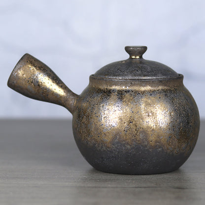 Side Handle Teapot Japanese Coarse Pottery Gilded Iron Glaze 330ml