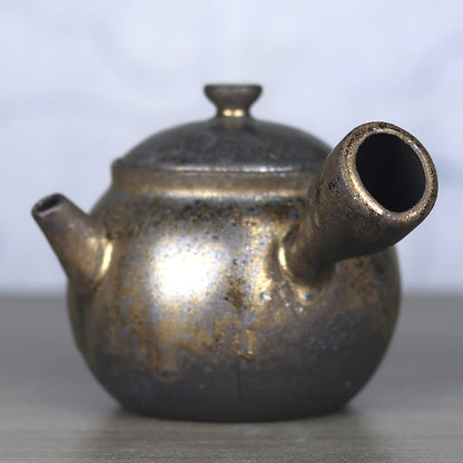 Side Handle Teapot Japanese Coarse Pottery Gilded Iron Glaze 330ml