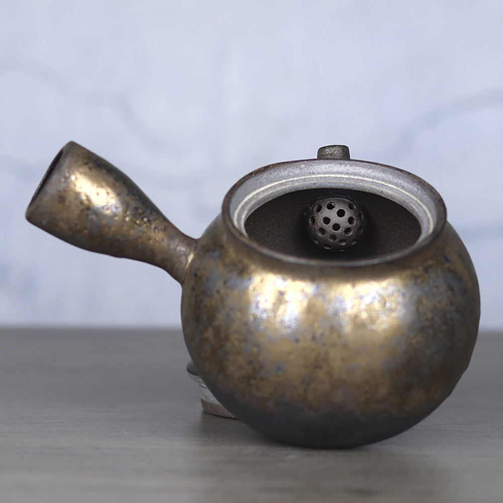 Side Handle Teapot Japanese Coarse Pottery Gilded Iron Glaze 330ml