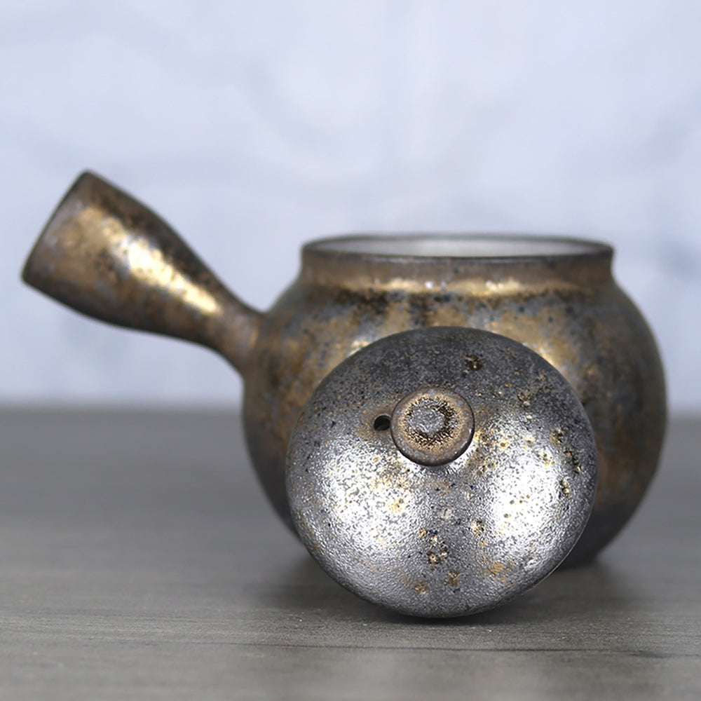 Side Handle Teapot Japanese Coarse Pottery Gilded Iron Glaze 330ml