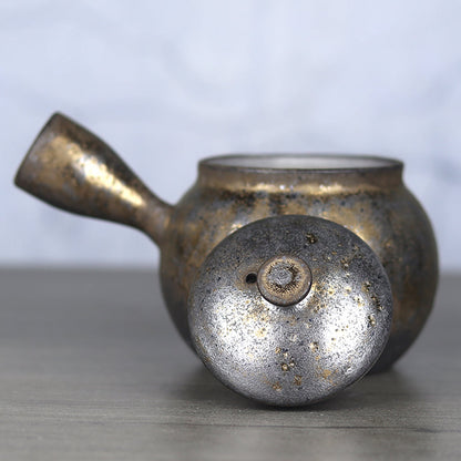 Side Handle Teapot Japanese Coarse Pottery Gilded Iron Glaze 330ml