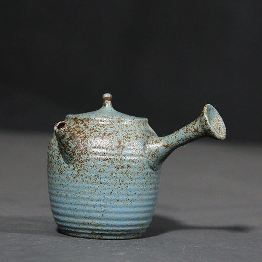 Japanese Ceramic Teapot Blue Pottery Side Handle Handmade