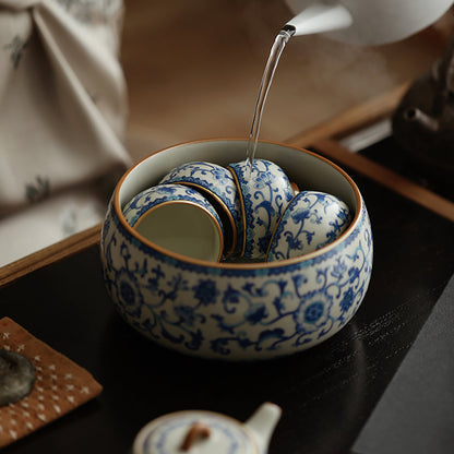 Ruyao Tea Washer Blue White Twig Flowers 1000ml Celadon