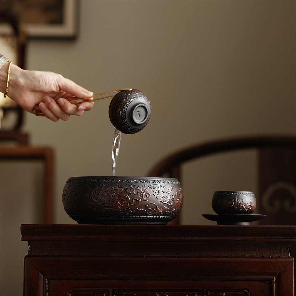 Purple Clay Tea Washer Bowl with Lotus Relief