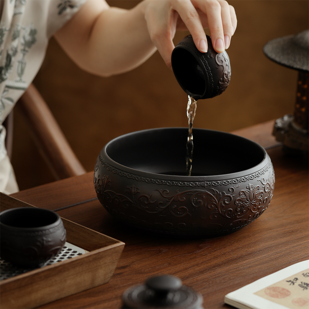 Purple Clay Tea Washer Bowl with Lotus Relief