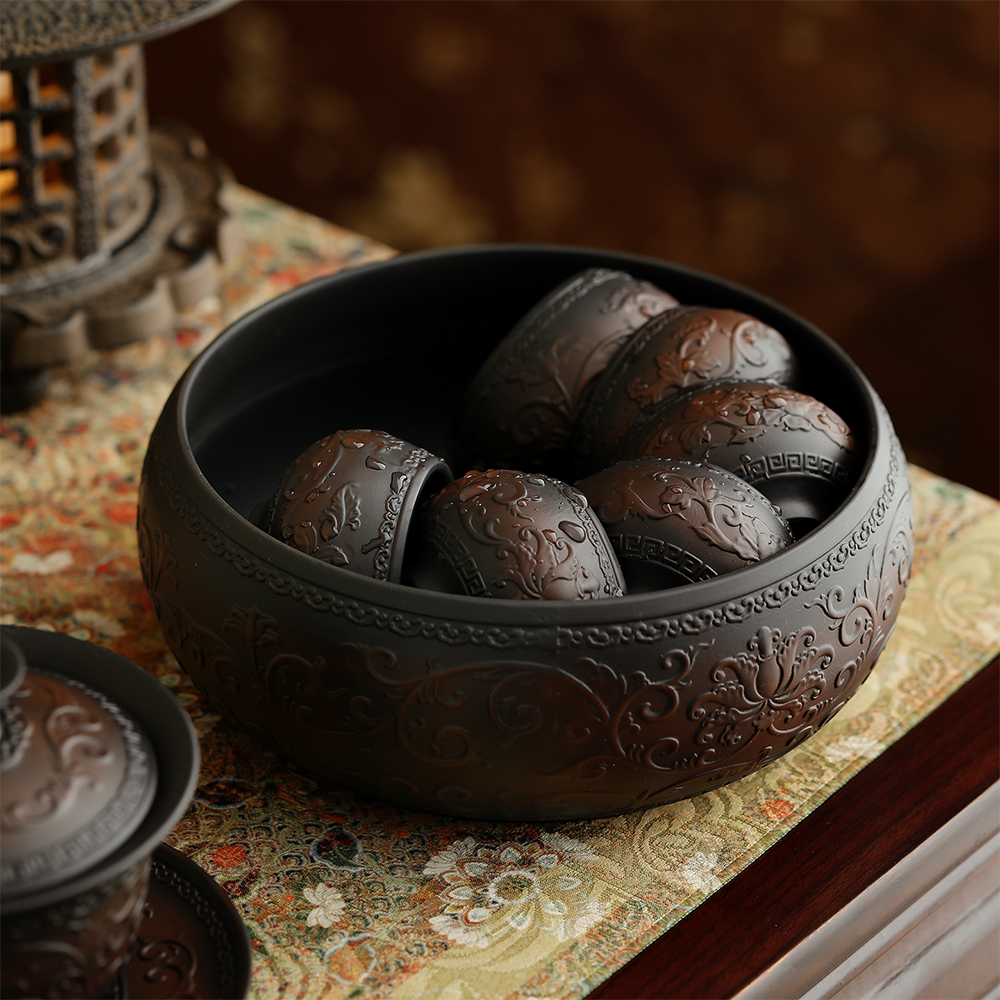 Purple Clay Tea Washer Bowl with Lotus Relief