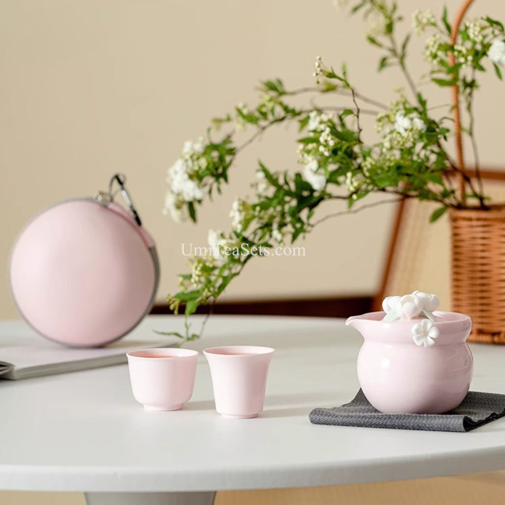 Travel Tea Set Porcelain Pink Jasmine Teapot with 2 Cups