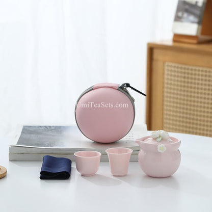 Travel Tea Set Porcelain Pink Jasmine Teapot with 2 Cups