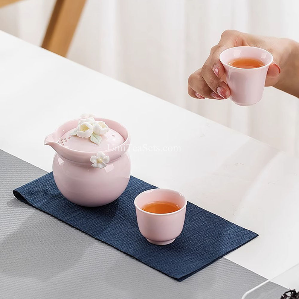Travel Tea Set Porcelain Pink Jasmine Teapot with 2 Cups