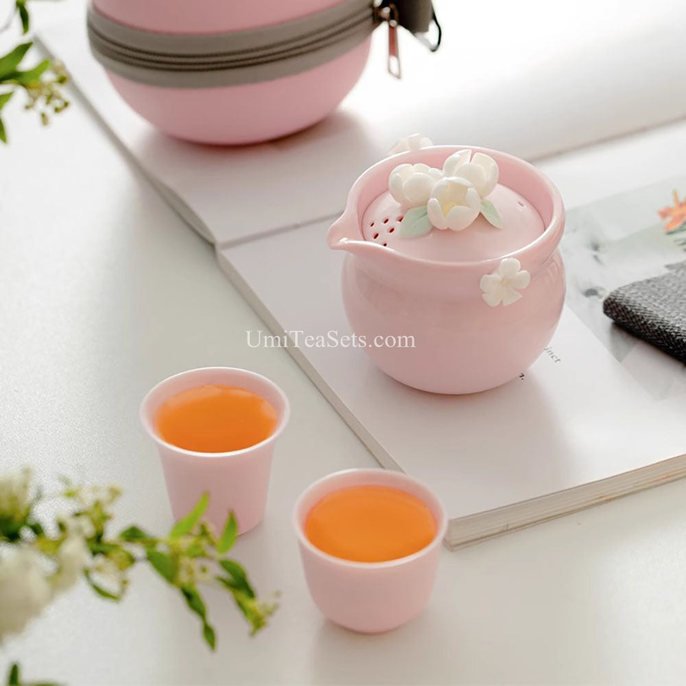 Travel Tea Set Porcelain Pink Jasmine Teapot with 2 Cups