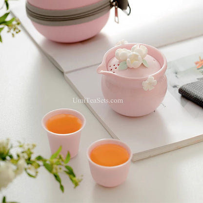 Travel Tea Set Porcelain Pink Jasmine Teapot with 2 Cups