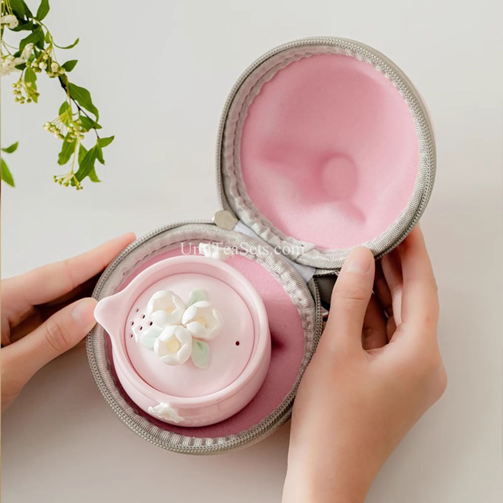 Travel Tea Set Porcelain Pink Jasmine Teapot with 2 Cups