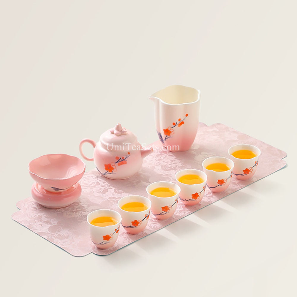 Ceramic Tea Set with Teapot, 6 Cups & Fair Cup | Pink Floral